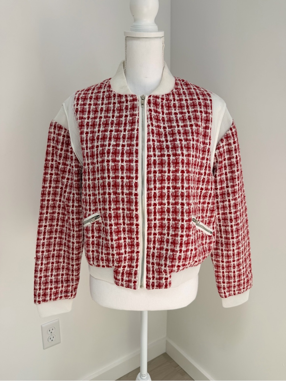 Endless Rose Red & White Tweed Bomber Jacket Size M